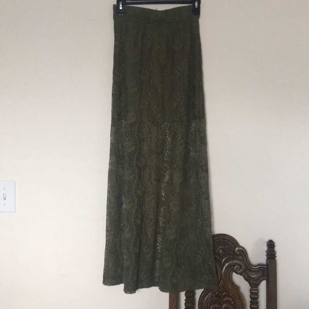 Olive green lace long skirt.